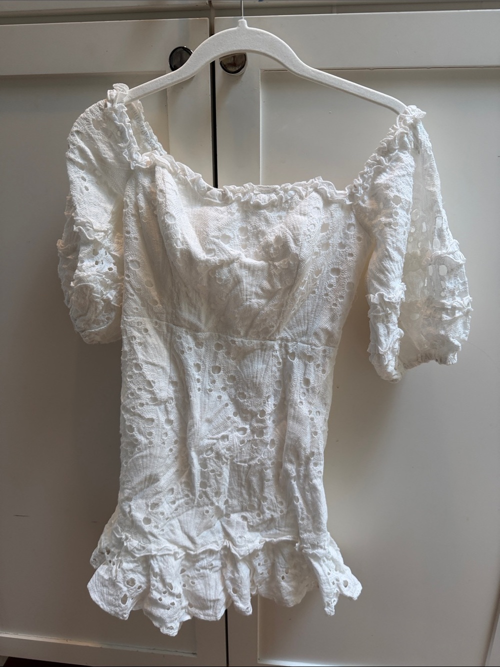 White Eyelet Puff-Sleeve Mini Dress with Ruffle Hemline